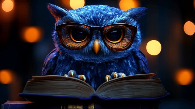 Wise Owl in Glasses Reading a Book at Night
