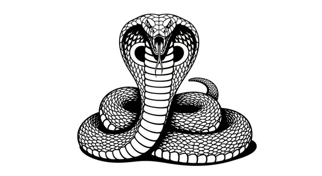 Fierce Cobra Snake Attack Pose, Venomous Reptile Illustration, Black and White