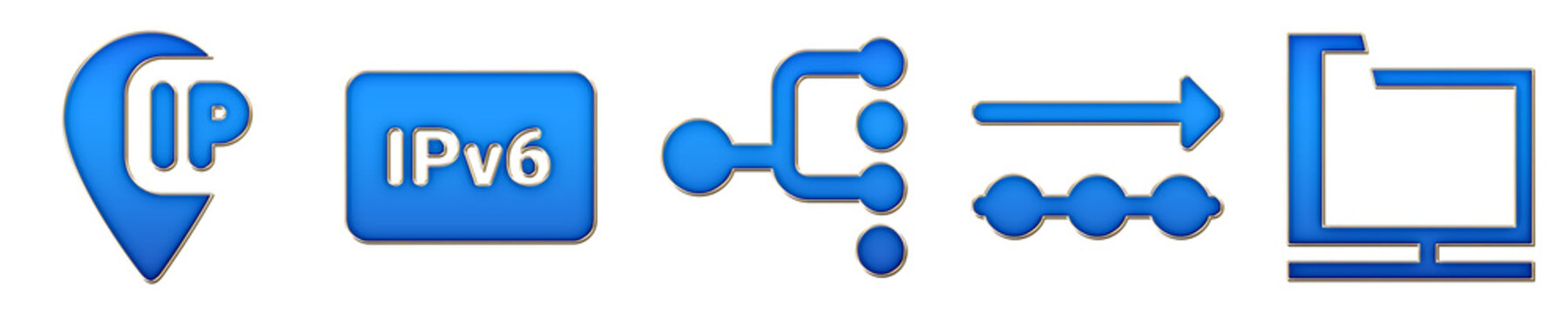 3D volumetric icon set - ip address, ipv, multicast, outgoing data, and shared folder. Data exchange icon collection and design. 3D illustration on transparent background.