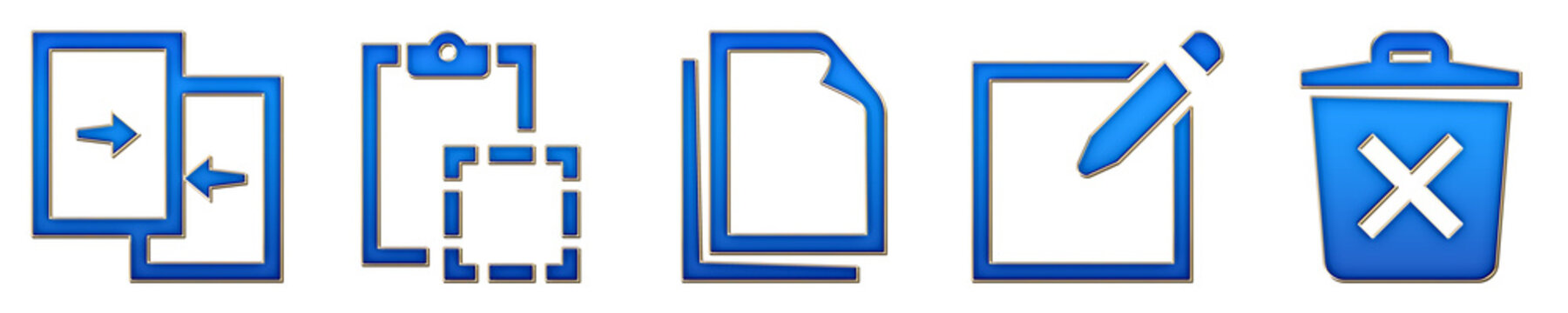 Chrome style 3D icons of compare, copy, copy, create new, and delete forever on transparent background. Document editing icon collection and design. Vibrant illustration.