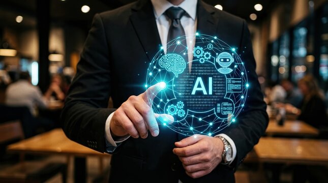 Business Professional Interacting with AI Hologram in Modern Workspace
