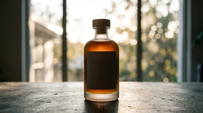 Amber whiskey bottle with dark label and wooden cork stopper