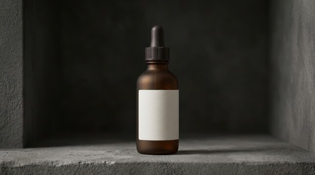 Amber glass bottle with dropper and blank label on surface