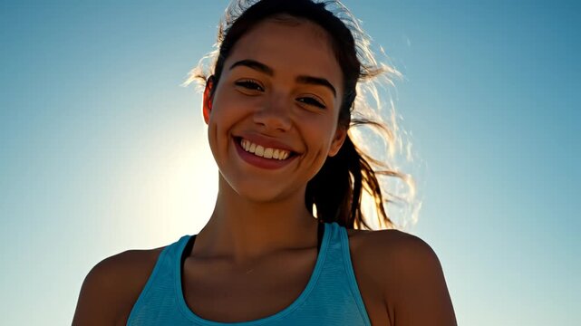 Smiling woman with sun in background highlighting geometric patterns and contemporary art