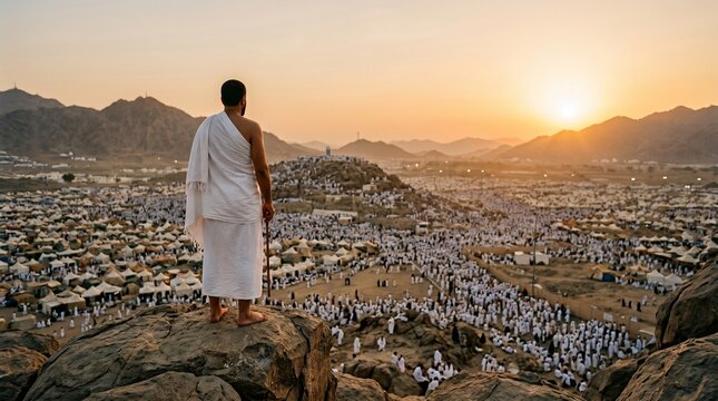 Pilgrim Overlooking Vast Crowd at Arafat During Hajj