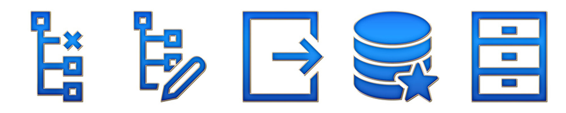 Modern 3D glass icon collection - delete subnode, edit node, export, favorite database, and filing cabinet. Database operations icon collection and design. Premium rendered design.