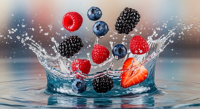 Mixed berries and sliced strawberry falling into water