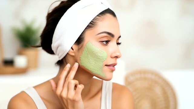 Woman Applying Green Face Mask at Home with Plants