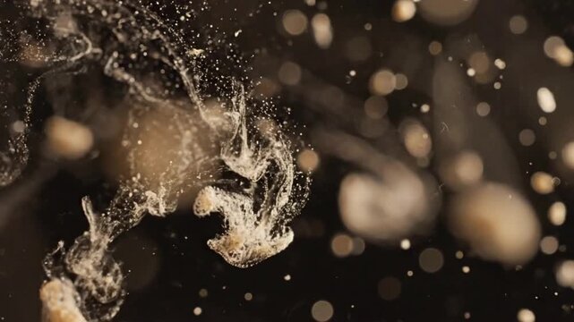 Flying particles of organic dust against a black background create a dynamic display of movement and texture in the air