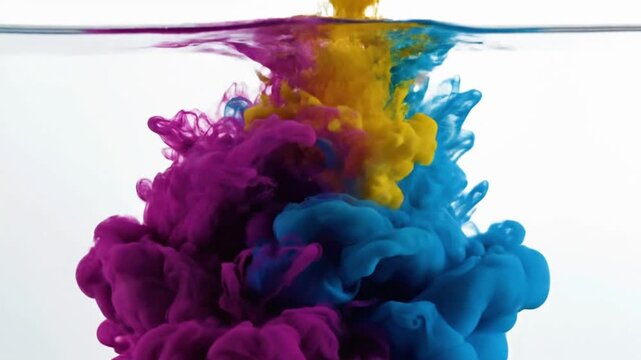 Color paint drops create patterns when splashing in water