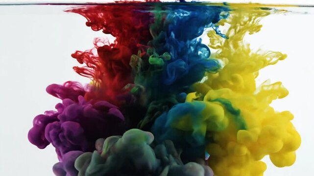 Color paint drops mix in clear water creating interesting patterns at a slow pace