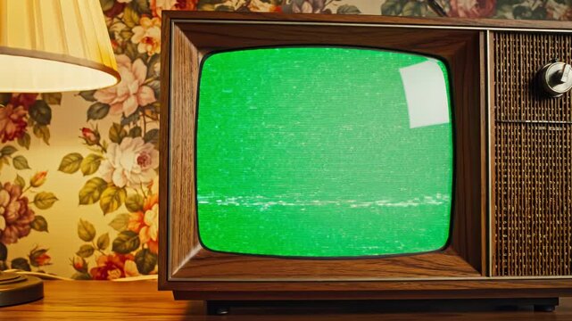Vintage TV and lamp on wooden table perfect for IT presentations and tech marketing