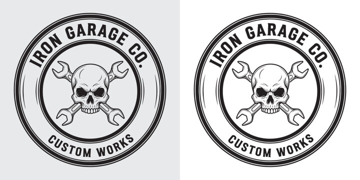 Badass Skull and Crossed Wrenches Vintage Logo for Iron Garage Co