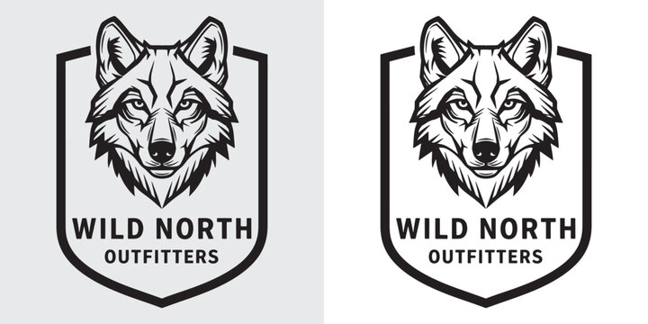 Majestic Wolf Head Shield Logo Design for Wild North Outfitters