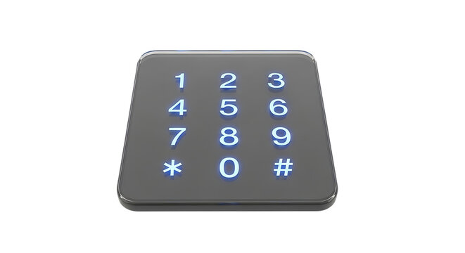 A close-up view of a sleek numeric keypad with glowing blue numbers on a gray background