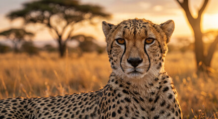 Fototapeta premium Powerful cheetah portrait in savanna at dusk with hyper-realistic details and sunset bokeh