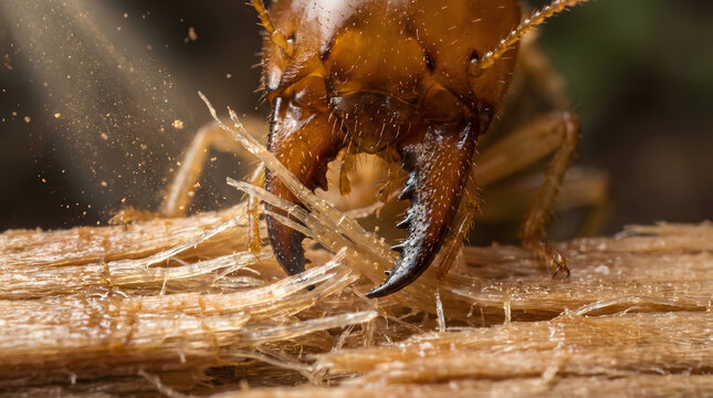 Close-up macro shot of a termite with strong mandibles chewing on a piece of wood, its jaws actively consuming fibrous material
