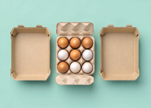 Open egg carton with mixed brown and white eggs on mint green pastel backdrop
