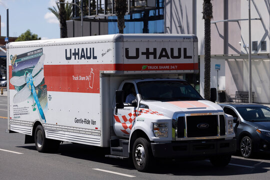 Buena Park, California, USA - April 11, 2026: A Uhaul moving truck passes on Orangethorpe Ave.