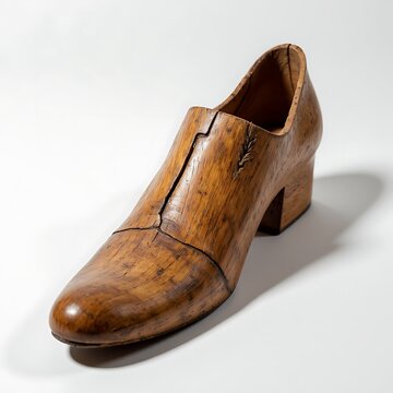 Hand carved wooden shoe artisan dutch clog craft sculpture on light backdrop