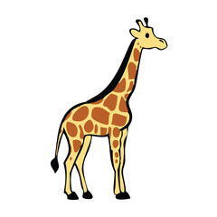 Fototapeta premium Adorable hand-drawn cartoon giraffe vector illustration, featuring a tall African safari animal with brown spots on a yellow body, ideal for kids' education, wildlife themes, and cute graphic designs.