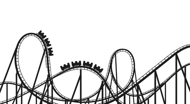 Thrilling black and white vector illustration of a roller coaster with multiple cars ascending a steep incline and looping tracks