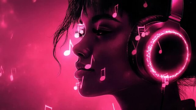 Woman enjoying music with headphones in vibrant colors