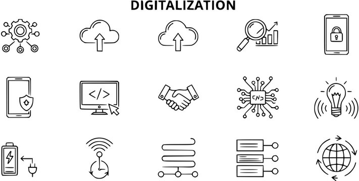 Digitalization Icons: Technology, Cloud, Security, Coding, AI, Data, Innovation, Line Art