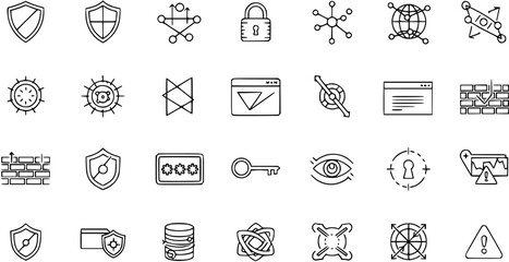 Fototapeta premium Cybersecurity Icons: Shields, Locks, Networks, Firewalls - Line Art