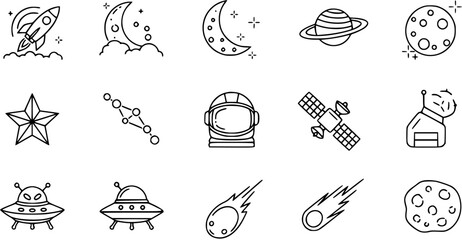Space and Astronomy Line Art Icons Set with Celestial Objects, Rockets, Astronauts, UFOs, and Satellites © vectorcorp