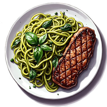 Pesto pasta with grilled steak basil leaves italian fusion plate gourmet meal