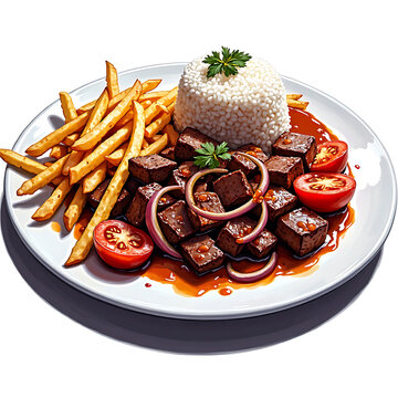 
Latin steak cubes with french fries rice tomato red onion abundant platter
