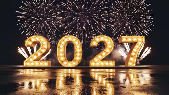 2027 illuminated numbers with fireworks symbolizing conceptual art and dynamic energy