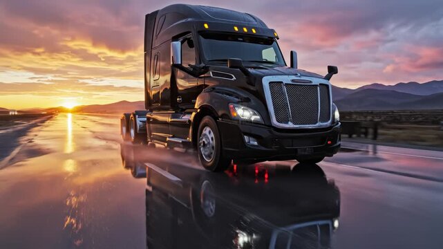 Black truck on wet road at sunset ideal for travel vlogs and eco-friendly campaigns