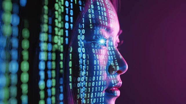 Womans face with binary code overlay perfect for IT presentations and tech marketing