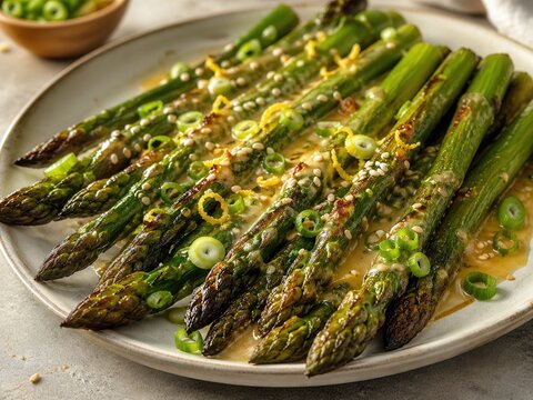 Gr&uuml;ner Ofenspargel mit Miso-Butter, Sesam, Fr&uuml;hlingszwiebeln und Zitronenzeste