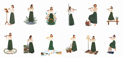 Collection of Illustrations Featuring a Woman Playing the Flute in Various Nature and Lifestyle Settings © ValentinaRestrepo