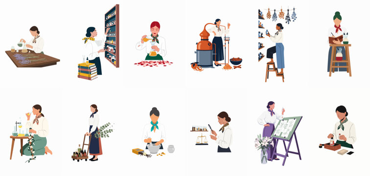 Set of illustrations featuring women perfumers creating scents, distilling botanicals, mixing essential oils, and working with natural ingredients in a laboratory setting.