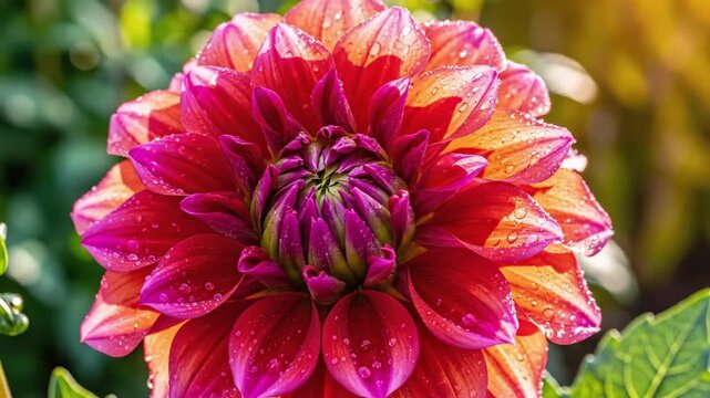 Time lapse showing dahlia flower opening in natural garden setting during early morning hours in spring
