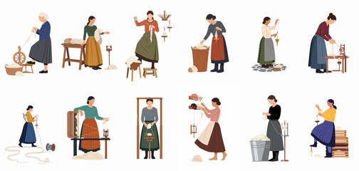 Flat illustration set of historical women spinning wool and using traditional tools like spinning wheels and hand spindles. © ValentinaRestrepo