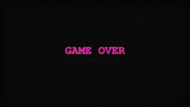 Retro arcade text flickering with crt scanlines on a dark screen in cinematic glitch aesthetic for gaming industry promotions
