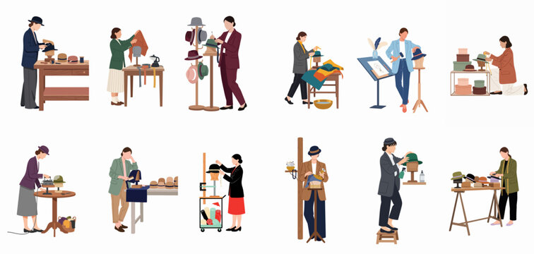 A collection of flat vector illustrations depicting milliners and artisans at work in their studio, crafting, designing, and tailoring various stylish hats.