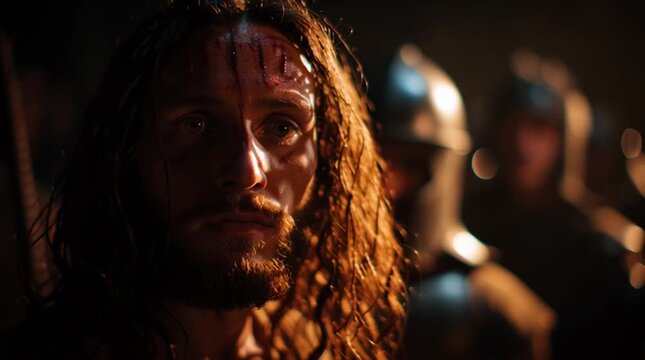 A wounded man with long hair looks down, surrounded by blurred figures.