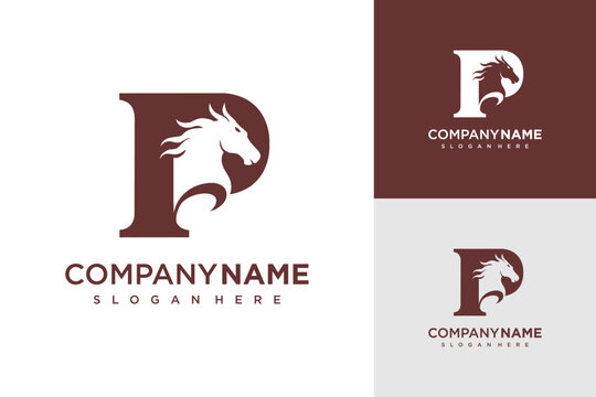 A maroon and white logo features a horse head inside a letter P on a business card template with company name and slogan.