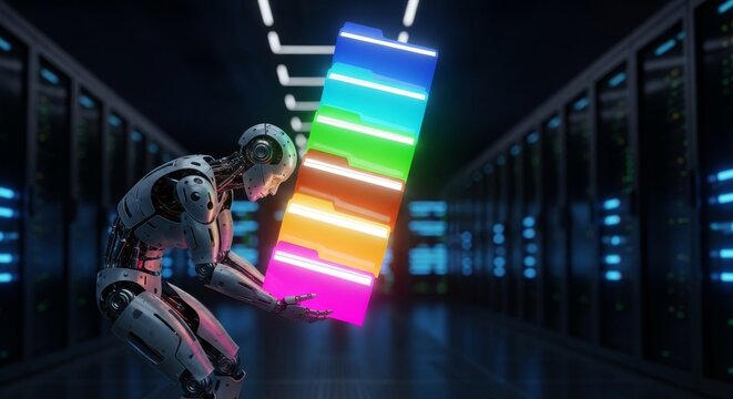 A metallic mechanical robot hunched over while struggling to carry a stack of glowing digital file folders through a dark data center, task, information, storage