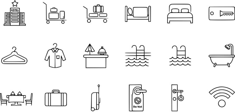 Hotel Icons Set: Line Art Collection of Hospitality Symbols - Building, Luggage, Pool, Bed, Wi-Fi