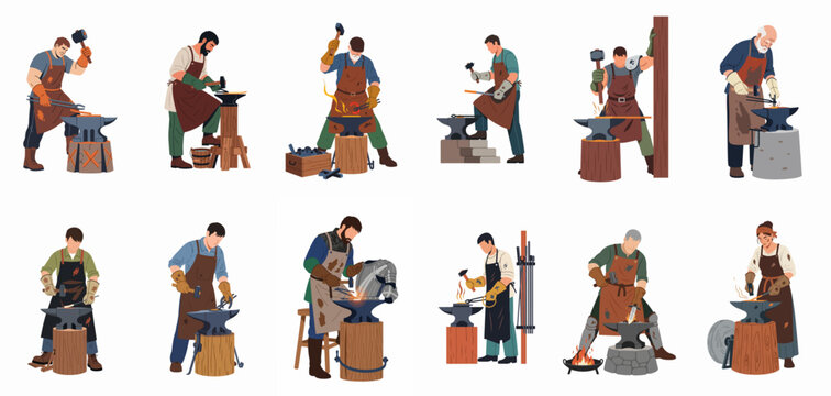 Collection of diverse blacksmith characters in various poses working with anvils and hammers to forge metal objects, isolated on a white background.