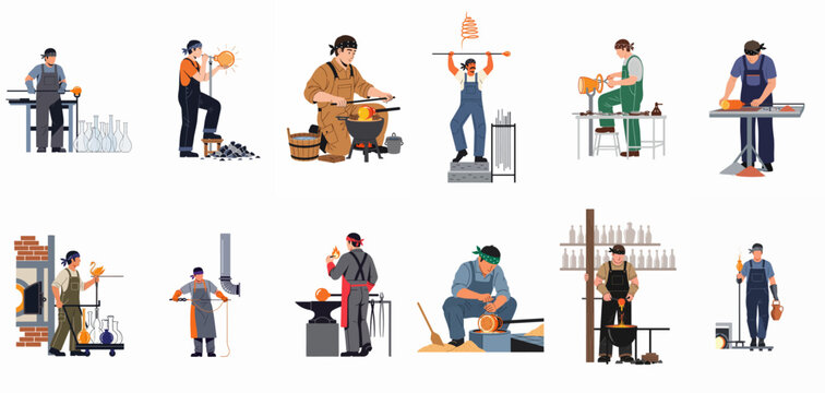 Diverse collection of professional glassblowers and glassmakers working in a traditional workshop environment, creating handmade glassware using various tools and techniques.