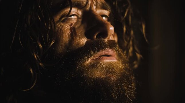 A suffering man with a dirty face looks downwards in despair.