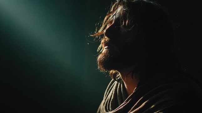A bearded man is silhouetted against a dramatic beam of light.